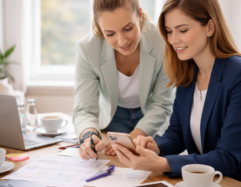 Hochzeit kalkulieren Zwei Hochzeitsplanerinnen am Tisch vor einem Laptop und Smartphone