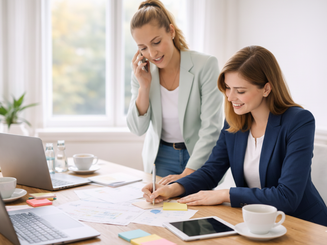 Anfrage eines Oldtimerbusses Zwei Hochzeitsplanerinnen am Tisch vor einem Laptop Tablet und Smarthone