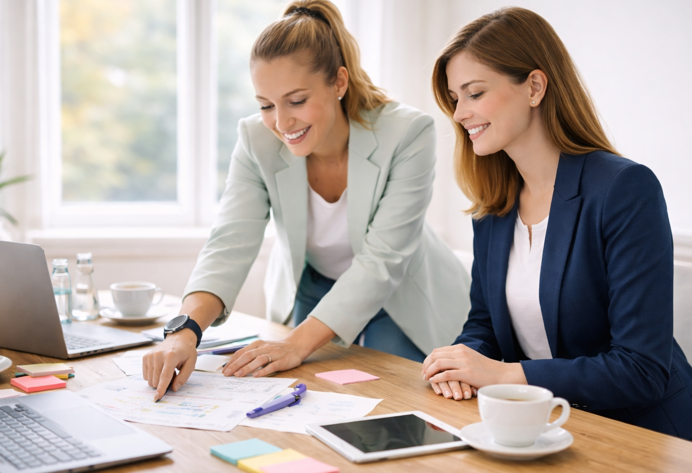 Hochzeitsplaner im Gespräch Zwei Hochzeitsplanerinnen am Tisch vor einem Laptop und Tablet