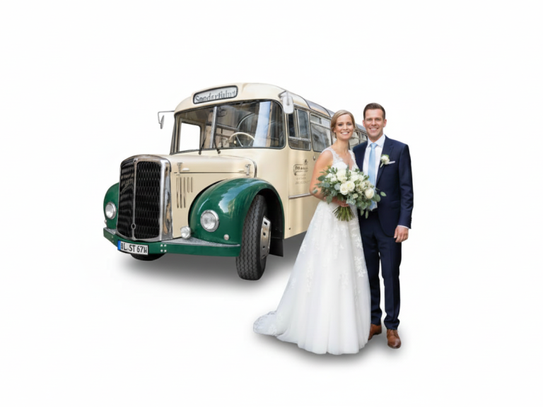 Oldtimerbus zur Hochzeit mieten Brautpaar steht vor einem Oldtimerbus vom Typ Saurer